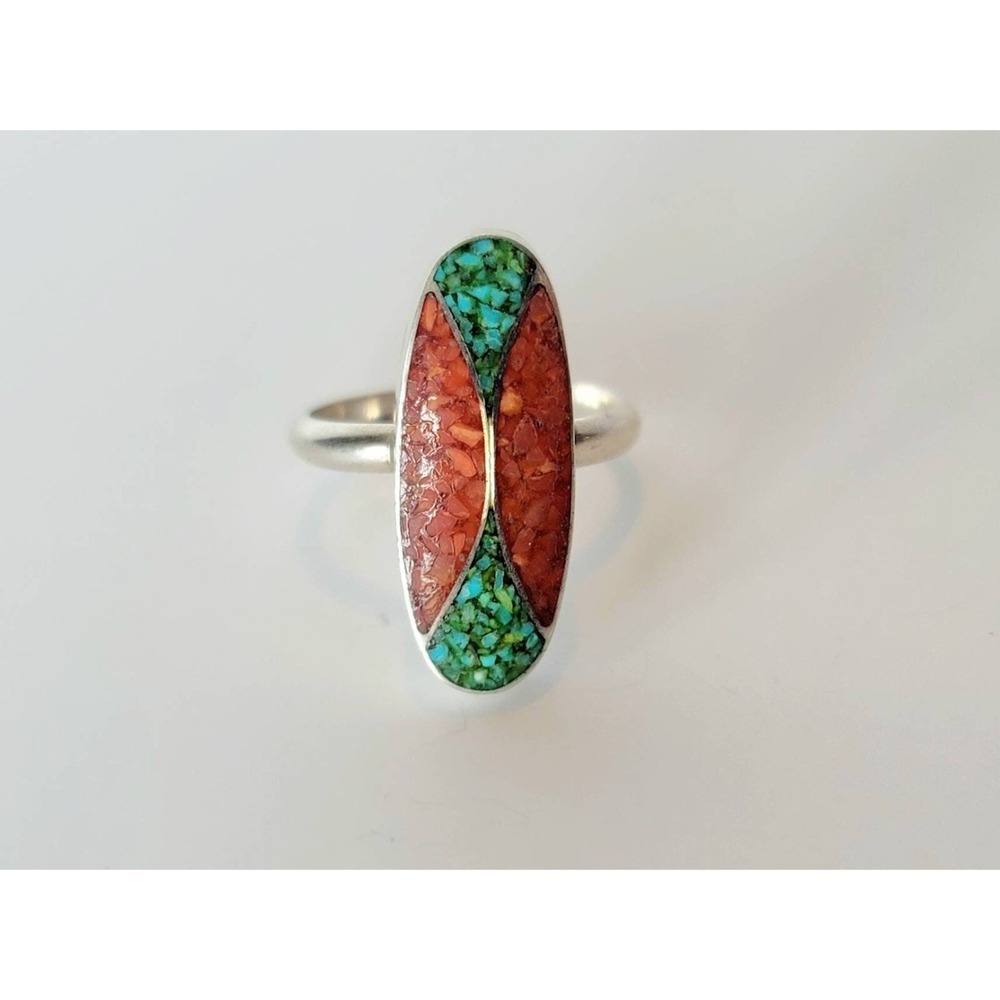 Vintage Turquoise Coral‎ Sterling Silver Inlay Ring Statement Jewelry 4.5